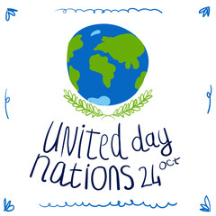 United Nations Day hand drawn illustration with earth sketch.