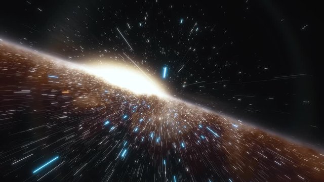 Camera on spaceship flies at the speed of light through a galaxy in space. Billions of stars in the Milky Way or Andromeda galaxy