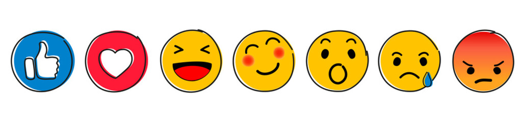 Fototapeta Set of Emoticons. Emoji social network reactions icon. Yellow smilies, set smiley emotion, by smilies, cartoon emoticons - stock vector obraz