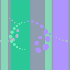 Abstract geometric seamless pattern on a background of light green, lilac and mint green vertical stripes. Small circles: wallpaper and poster, greeting card, print on paper and fabric.