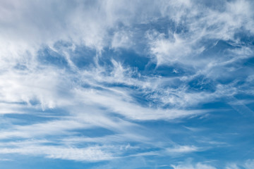 Fototapeta premium Blue sky background with tiny stratus cirrus striped clouds. Clearing day and Good windy weather