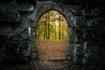 archway with autumn forest behind - obrazy, fototapety, plakaty