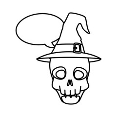 skull halloween with hat witch and speech bubble vector illustration design