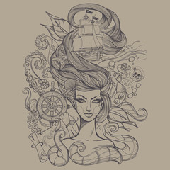 Girl with long hair gray contour drawing on a light background. Portrait of a young woman. Face and make-up. Fabulous sea princess. Mermaid. Design for tattoos, stickers, t-shirt