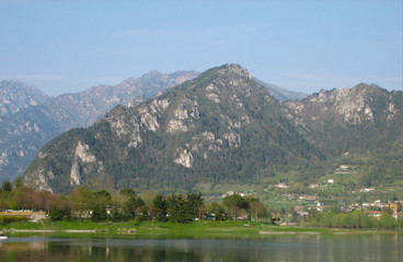 Lake in northern Italy, LAKE OF IDRO, border between lombardia and trentino, stunning view of lake in spring time