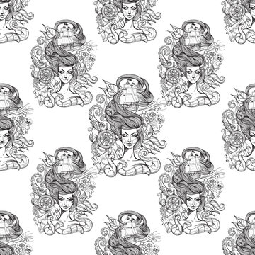 Seamless pattern with gray outline image of a mermaid portrait with long hair on a white background. Repeating pattern to design the surface of various objects, textiles, objects, paper, wallpaper.