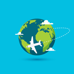 Airplane vector earth world globe icon. Plane flying round travel concept