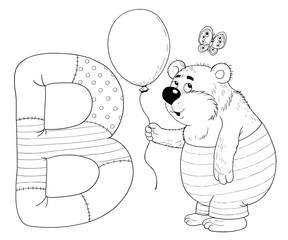 Capital letter B. Bear, balloon, butterfly. English alphabet. Letters with pictures. Coloring page. Cute and funny cartoon characters.