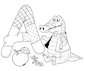 Capital letter A. Alligator, apple, ant. English alphabet. Letters with pictures. Coloring page. Cute and funny cartoon characters.