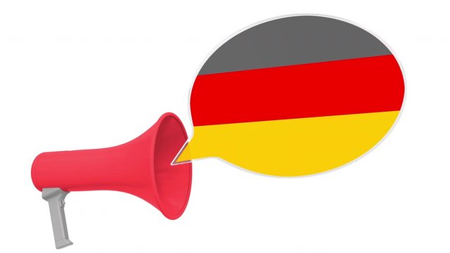 Loudspeaker and flag of Gemany on the speech bubble. Language or national statement related conceptual 3D animation