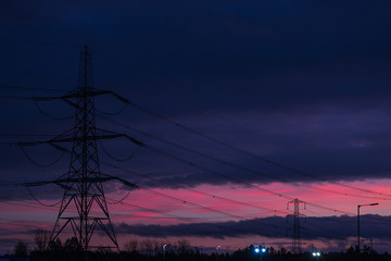 High Voltage line during a beautiful sunset, Wales, United Kingdom