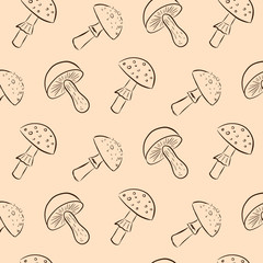 Seamless autumn pattern with mushrooms on a beige background, fly agaric on a beige background. vector pattern for design.