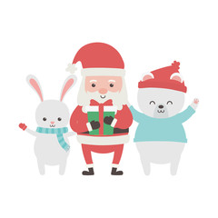 cute santa with gift and rabbit bear merry christmas