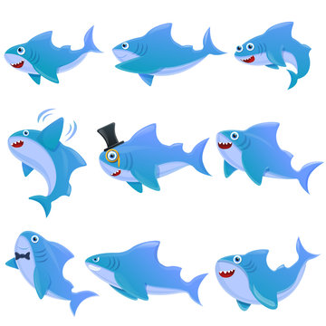 shark cartoon icons set, vector illustration