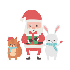 cute santa rabbit and squirrel with gift merry christmas