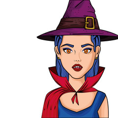 young woman disguised of vampire with hat witch style pop art vector illustration design