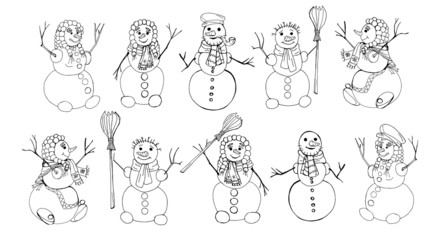 festive set, isolated vector elements for Christmas and New year decoration, doodle. Snowmen, snowflakes
