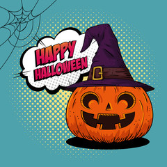 halloween pumpkin with hat witch pop art style vector illustration design