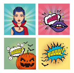 set of poster of halloween style pop art vector illustration design