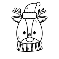 reindeer with hat and scarf merry christmas thick line