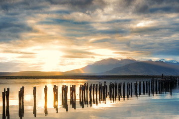 Fototapeta na wymiar Abandoned pier at Puerto Natales, Chile, the gateway to Torres del Paine National Park