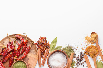 Assortment of spices on white background