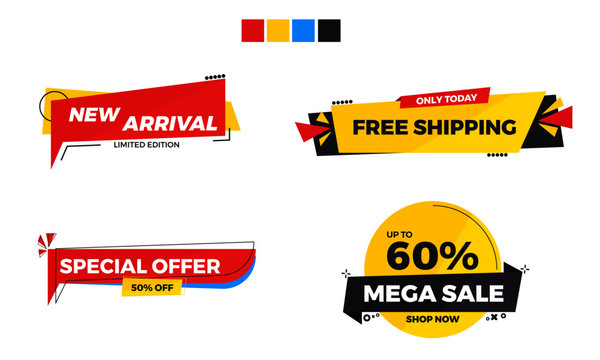 Sets of Sticker Label for Sale. Promotion ads. Design element for business ads. Free shipping, new arrival, special offer tag and banner.