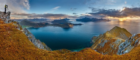Panoramic shot of the hill Veggen near the sea in Norway