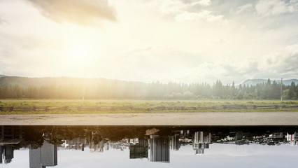 Country landscape upside down cityscape background