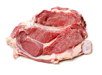 raw beef in wooden board isolated on white background