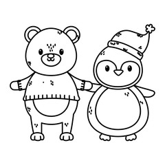 polar bear with sweater and penguin with hat celebration merry christmas thick line