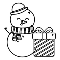 snowman wearing hat scarf with gift box merry christmas thick line