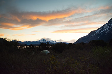 Fototapeta na wymiar Sunset at Cuernos Campsite In Torres del Paine National Park, Patagonia Chile