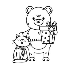 Obraz na płótnie Canvas polar bear and cat with wrapped gift celebration merry christmas thick line