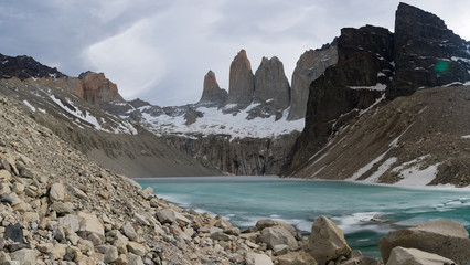 Los Torres, The Towers Base with aqua water Torres del Paine National Park, Patagonia Chile