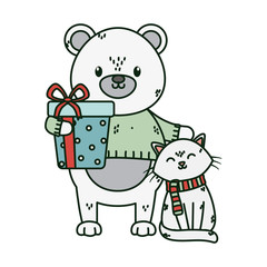 Obraz na płótnie Canvas polar bear and cat with wrapped gift celebration merry christmas