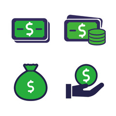 Set of money icon with simple flat design and green color on white background 