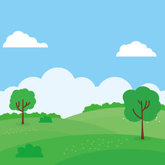 Summer landscape vector illustration with blue sky, tree and green meadow 
