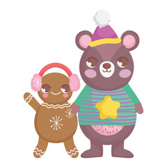 cute bear and gingerbread man with hat merry christmas