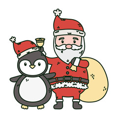 santa with bag and penguin celebration merry christmas