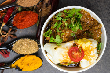 Chicken curry with egg omelet in a white bowl garnished with Indian spices and red tomato. Extra copy space for text.