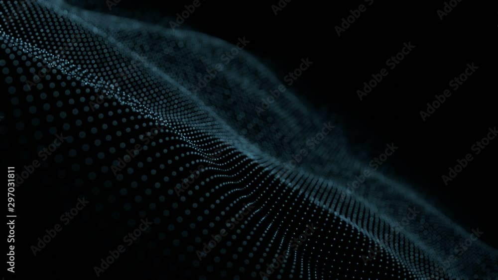 Poster futuristic grid wave of glitter blue digital dots data smooth seamless animation on dark with dim li
