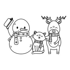 snowman cat and reindeer celebration merry christmas thick line