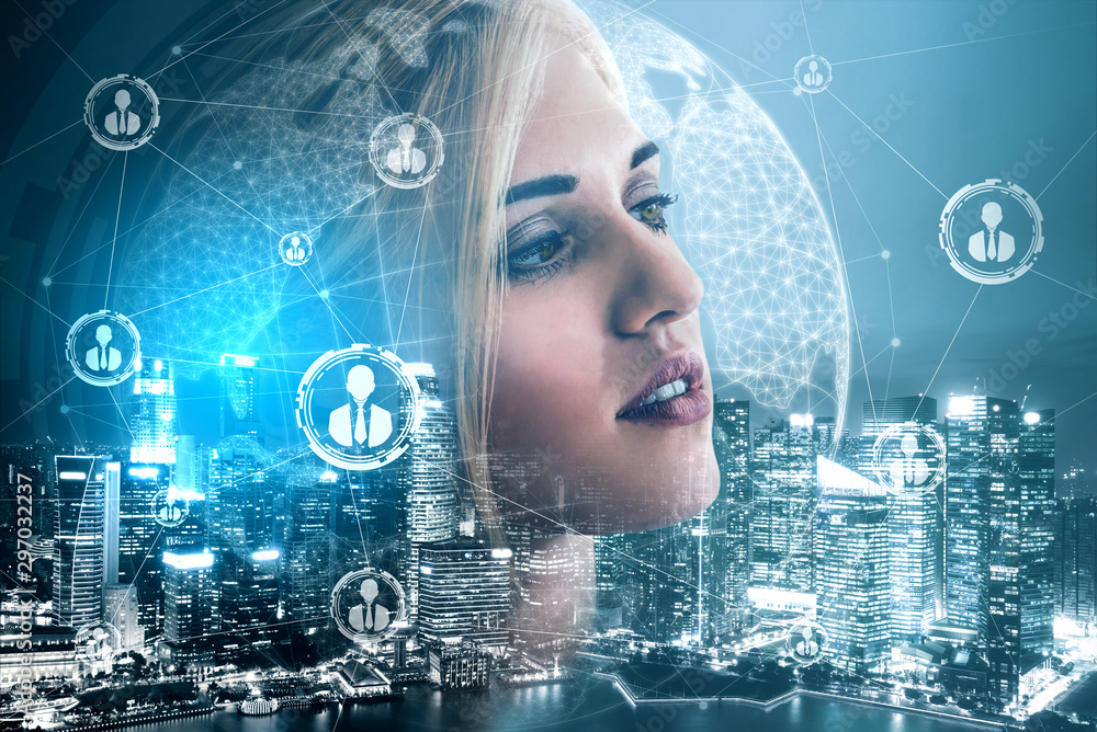 Poster human resources recruitment and people networking concept. modern graphic interface showing professi