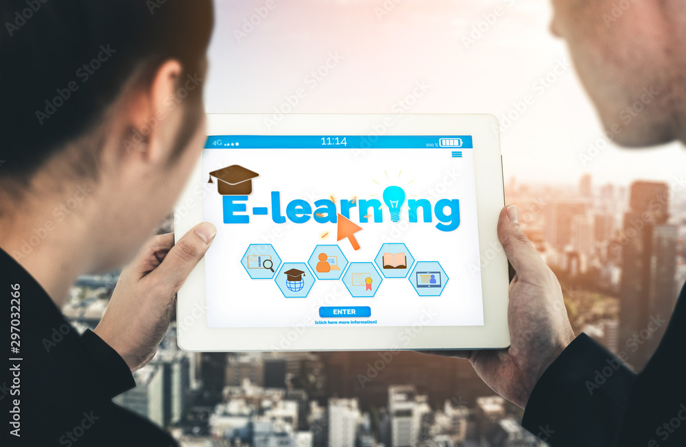 Aufkleber e-learning and online education for student and university concept. graphic interface showing techno