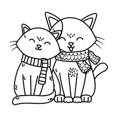 adorable cats with scarf celebration merry christmas thick line