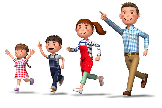 Illustration of a family of four running in 3d render