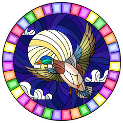 Fototapeta premium The illustration in stained glass style painting with a flying duck on the background of sky, moon and clouds, the oval image of the bright frame