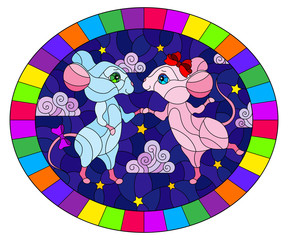 Illustration in stained glass style with a pair of dancing mice on the background of the starry sky and clouds, oval image in bright frame