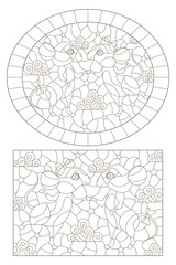 Set of contour illustrations of stained glass Windows with mice on a background of stars, dark outlines on a white background